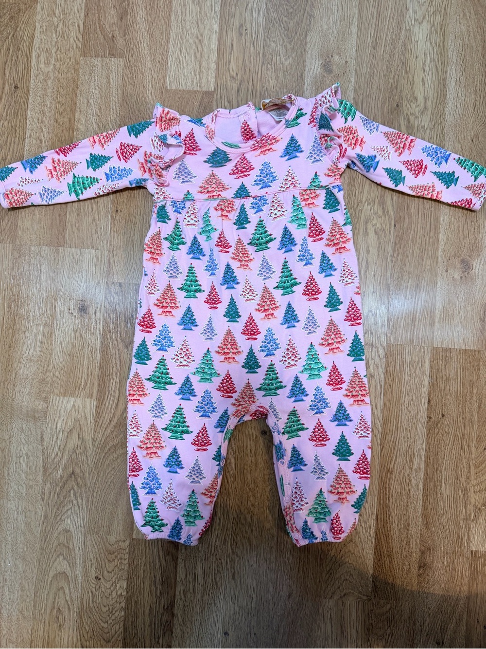 The Beaufort Bonnet Company Pink Holiday Tree Print One-Piece Romper